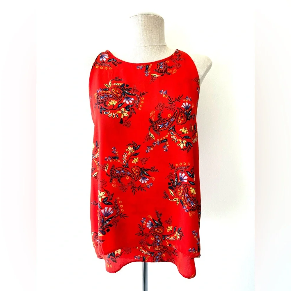 Emma & Olivia Red Floral Sleeveless Layered Flowy Lightweight Crepe Boho Top - Picture 4 of 8